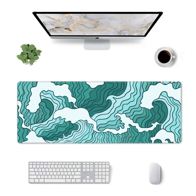 MOLIAN Japanese Green and White Wave Gaming Mouse Pad XL  Non Slip Rubber Base Mousepad  Stitched Edges Desk Pad  Extended Large Mice Pad 31.5 X 11.8 Inch - Image 2